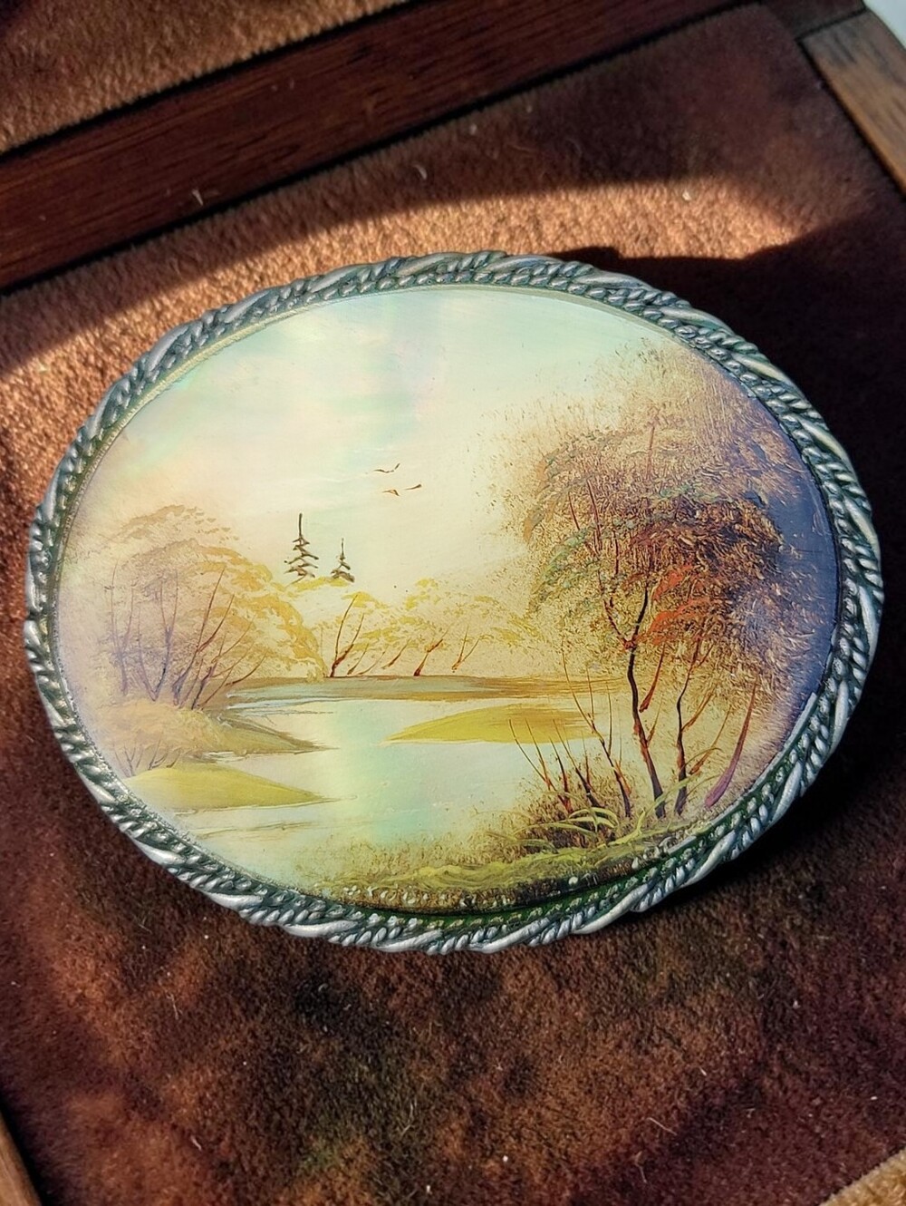 Antique Hand-painted Mother Of Pearl Scenic Brooch